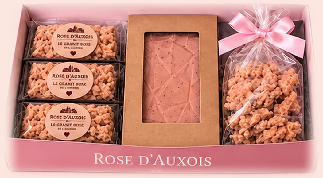 Le Coffret Gourmand ouvert dans sa boîte rose