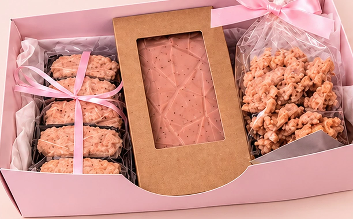 Le Coffret Gourmand ouvert dans sa boîte rose